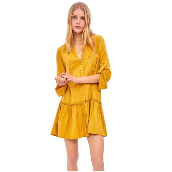 Zara Shirt Dress Mustard Yellow With Ruffled Hem - Picture 2 of 15